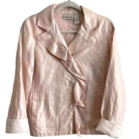 Chico's Womens size 1 US 8 M Soft Pink Button Down Ruffle Linen Jacket - Picture 1 of 6